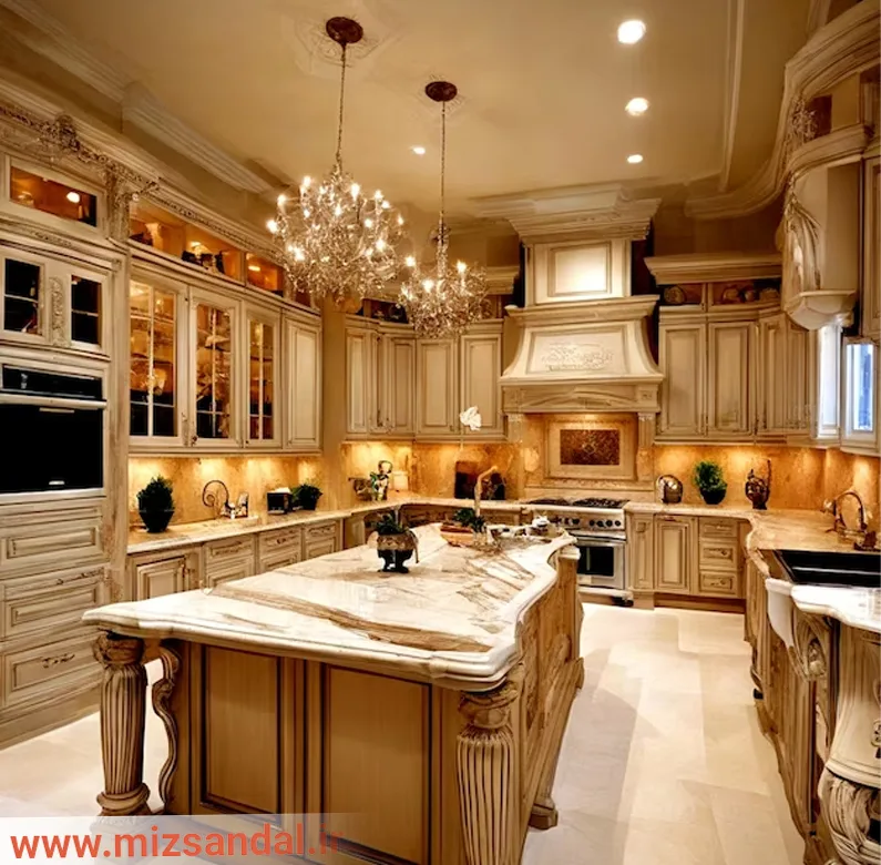 آشپزخانه بزرگ با رنگ قهوه‌ای طلایی ممبران زیبا