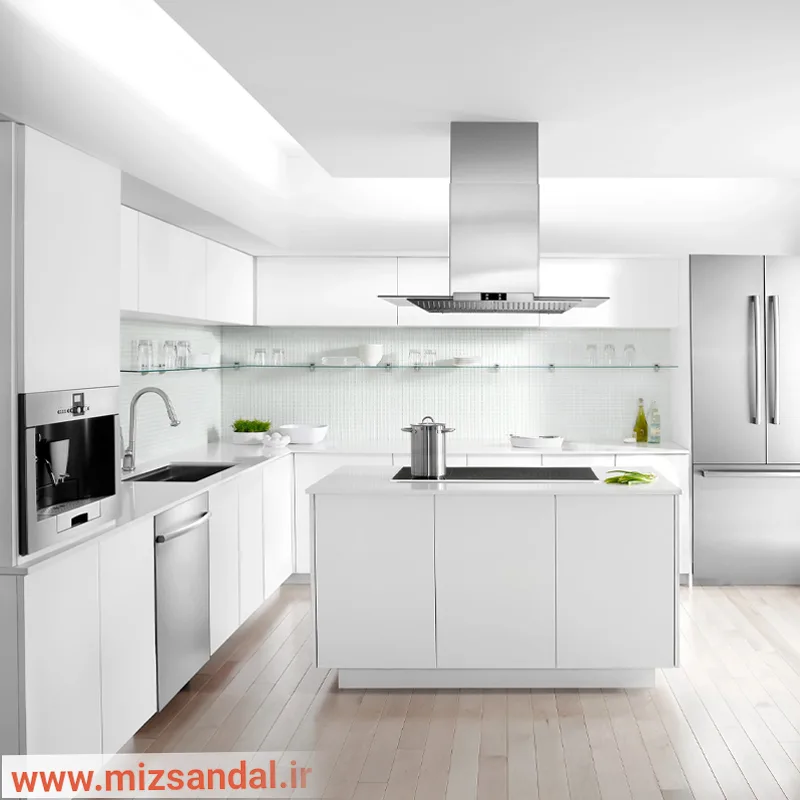 کابینت آشپزخانه هایگلاس سفید با لوازم استیل رنگ روشن برای آشپزخانه مدرن
