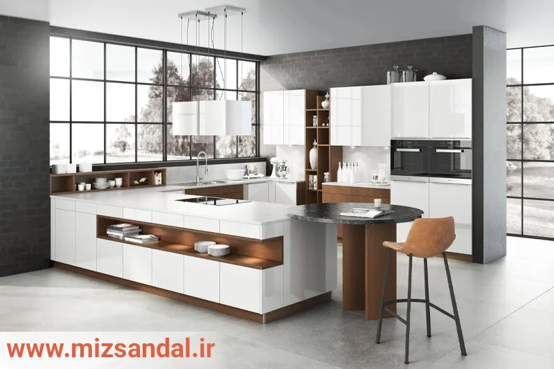 کابینت قهوه‌ای و سفید هایگلاس برای آشپزخانه- با اپن و دکوری و پنجره بزرگ در آشپزخانه